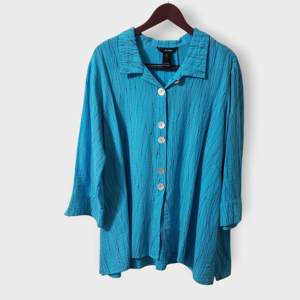 Ali Miles Womens 2X Blue Abstract Stripe Button Front Blouse 3/4 Sleeve Tunic
